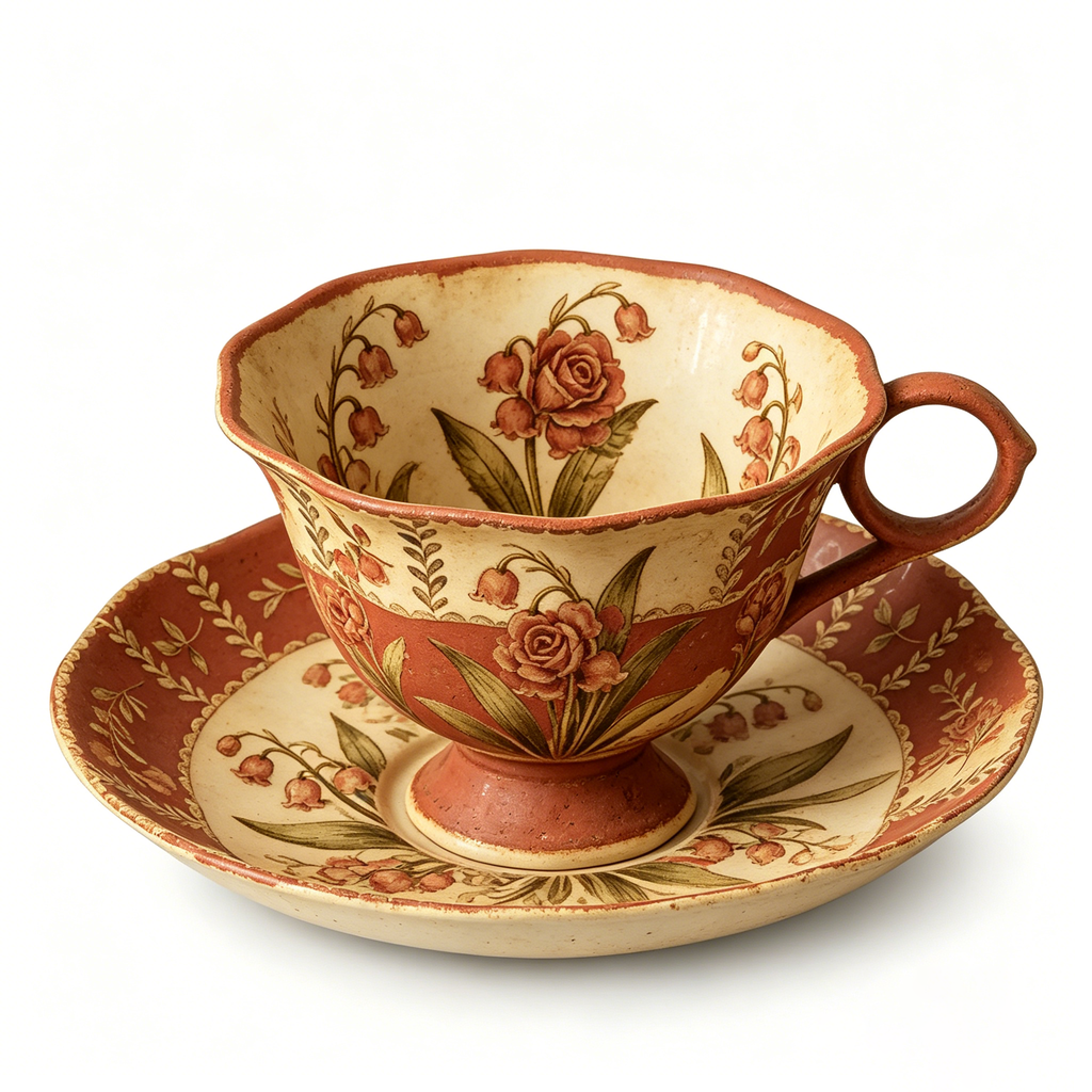 Vintage Botanical Terracotta Rose and Lily of the Valley Teacup and Saucer Set