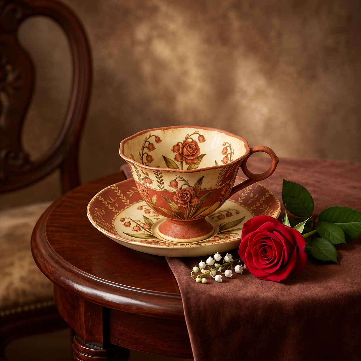 Vintage Botanical Terracotta Rose and Lily of the Valley Teacup and Saucer Set