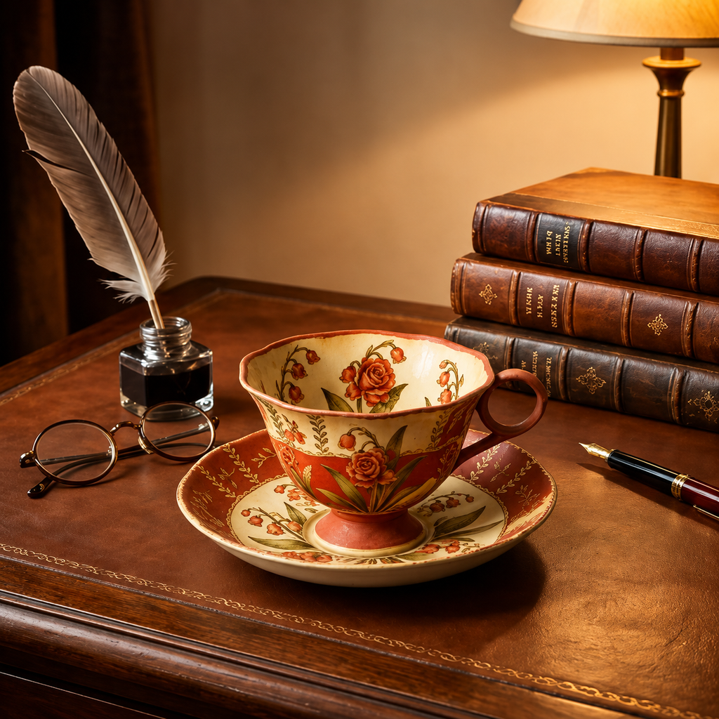 Vintage Botanical Terracotta Rose and Lily of the Valley Teacup and Saucer Set