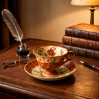 Vintage Botanical Terracotta Rose and Lily of the Valley Teacup and Saucer Set