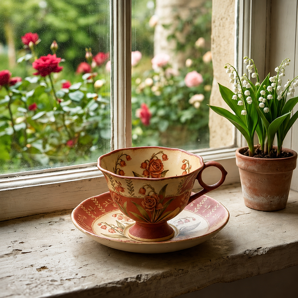 Vintage Botanical Terracotta Rose and Lily of the Valley Teacup and Saucer Set