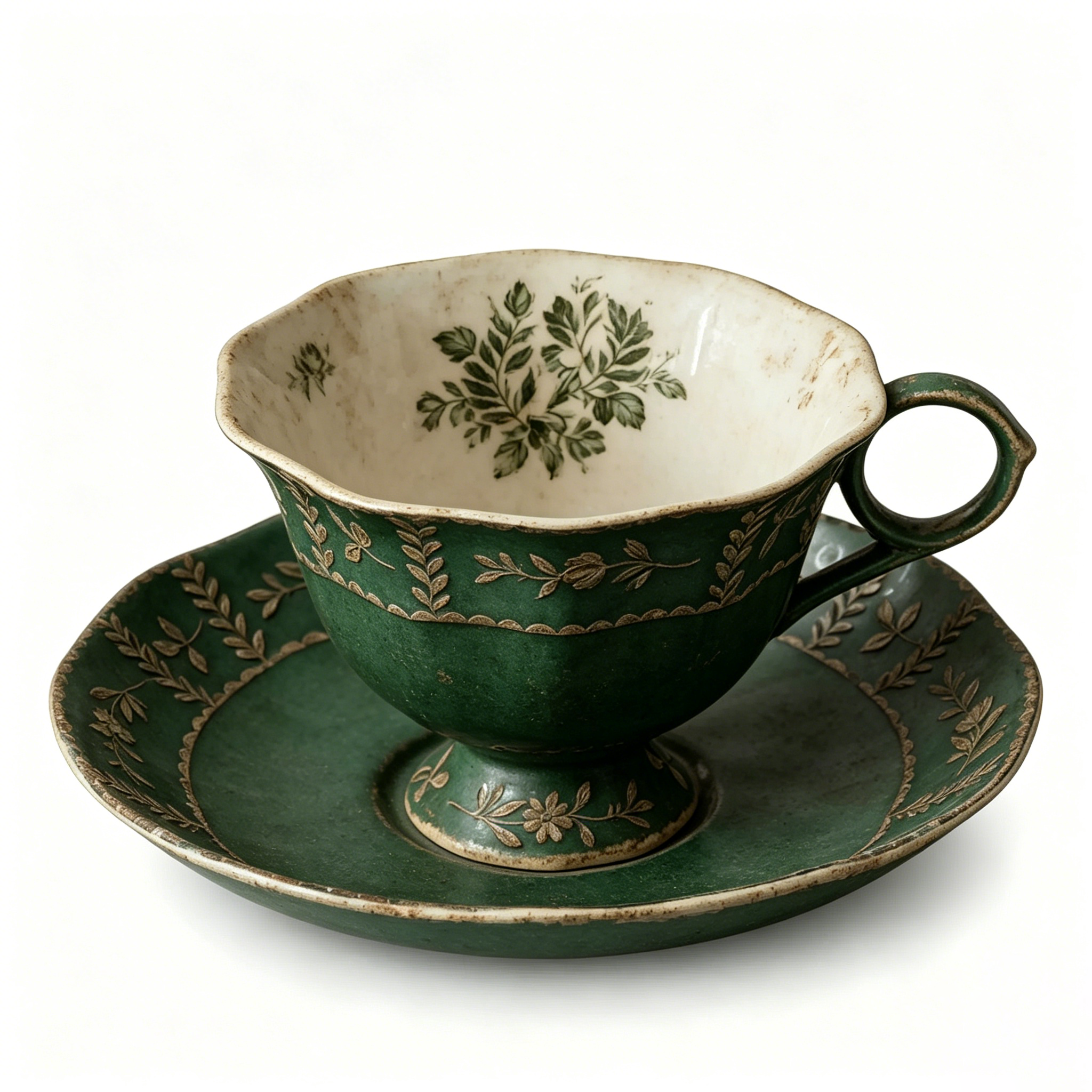 Vintage Antiqued Forest Green Botanical Teacup and Saucer Set