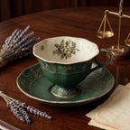 Vintage Antiqued Forest Green Botanical Teacup and Saucer Set