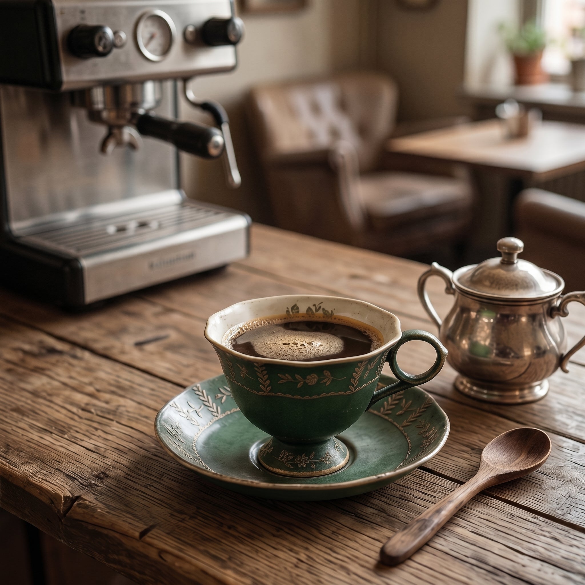 Vintage Antiqued Forest Green Botanical Teacup and Saucer Set