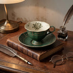 Vintage Antiqued Forest Green Botanical Teacup and Saucer Set