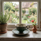 Vintage Antiqued Forest Green Botanical Teacup and Saucer Set