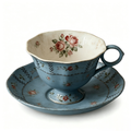 Vintage Antiqued Blue Botanical Rose Teacup and Saucer Set