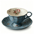 Vintage Antiqued Blue Botanical Rose Teacup and Saucer Set