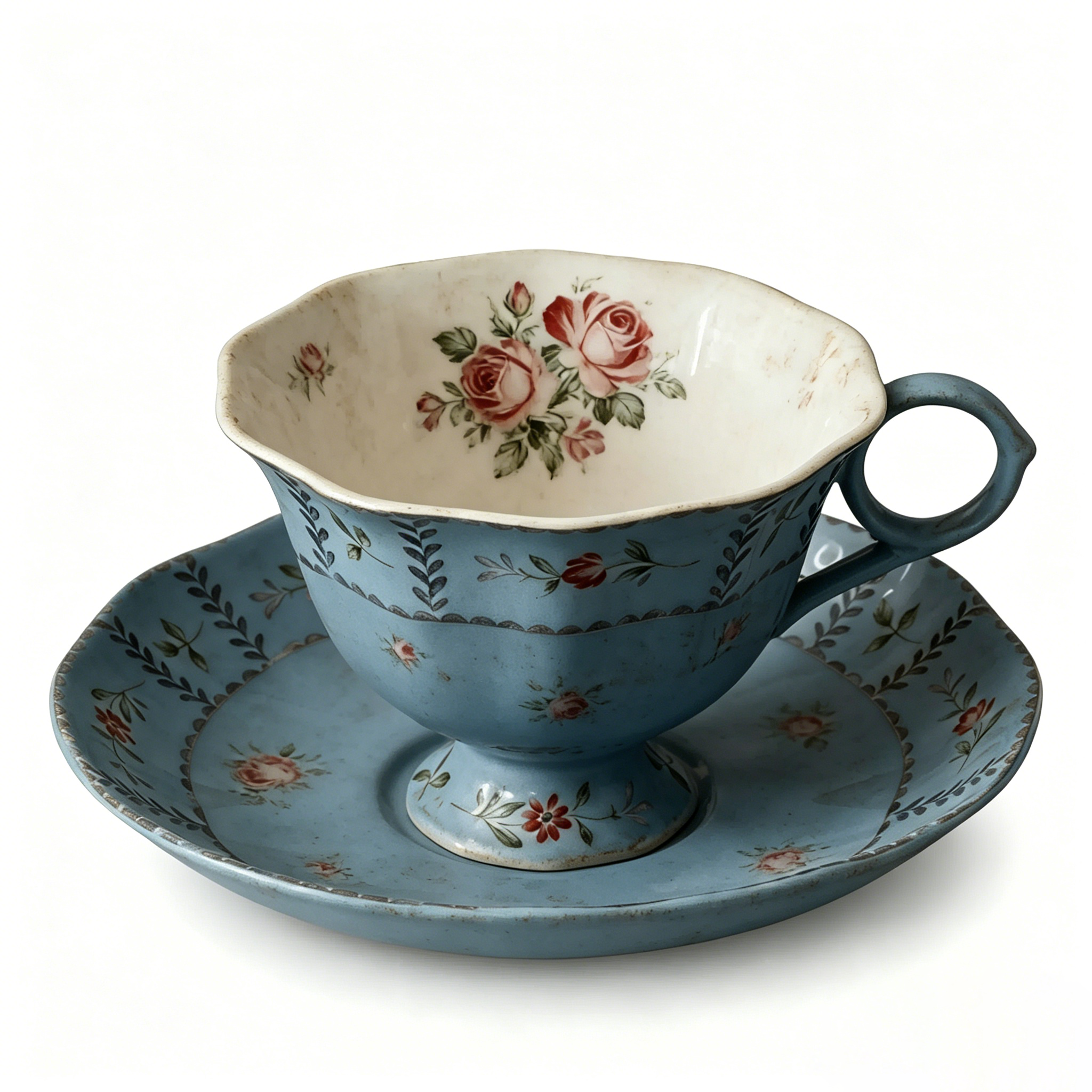 Vintage Antiqued Blue Botanical Rose Teacup and Saucer Set