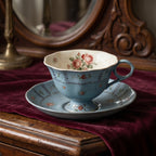 Vintage Antiqued Blue Botanical Rose Teacup and Saucer Set