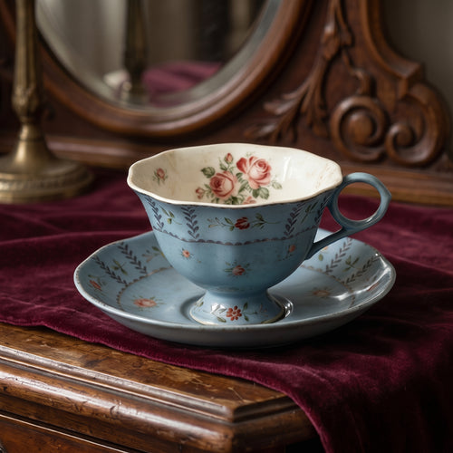 Vintage Antiqued Blue Botanical Rose Teacup and Saucer Set