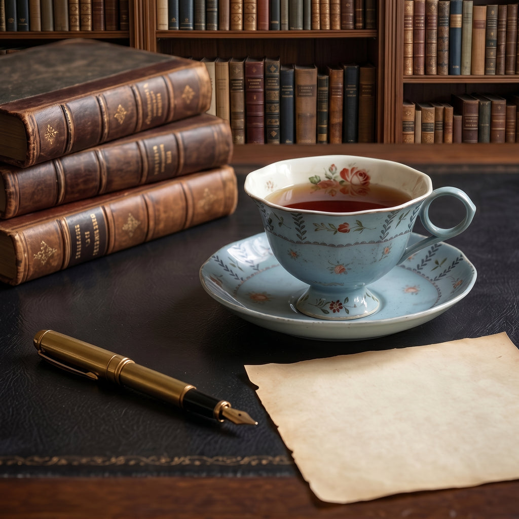 Vintage Antiqued Blue Botanical Rose Teacup and Saucer Set