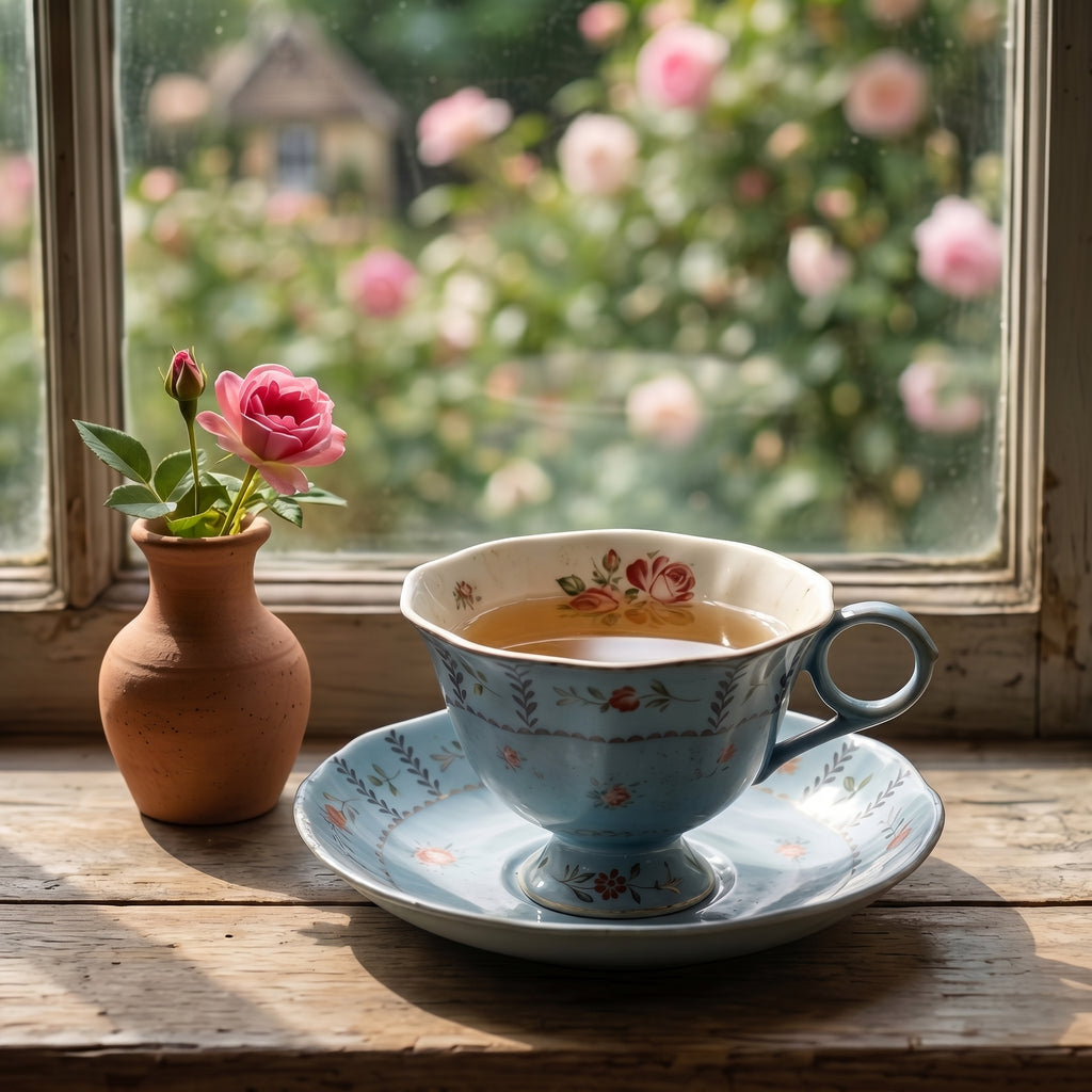 Vintage Antiqued Blue Botanical Rose Teacup and Saucer Set