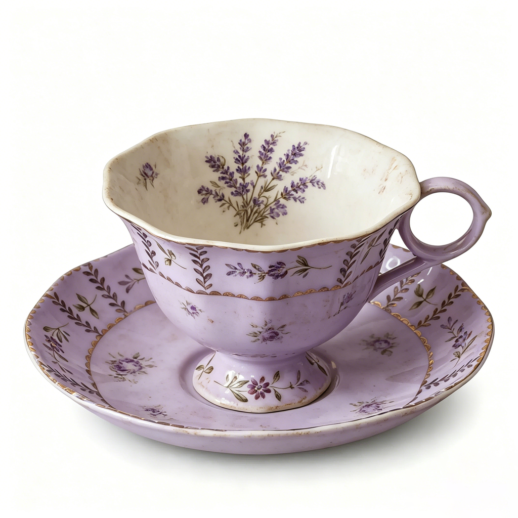 Vintage Antiqued Lavender Botanical Teacup and Saucer Set