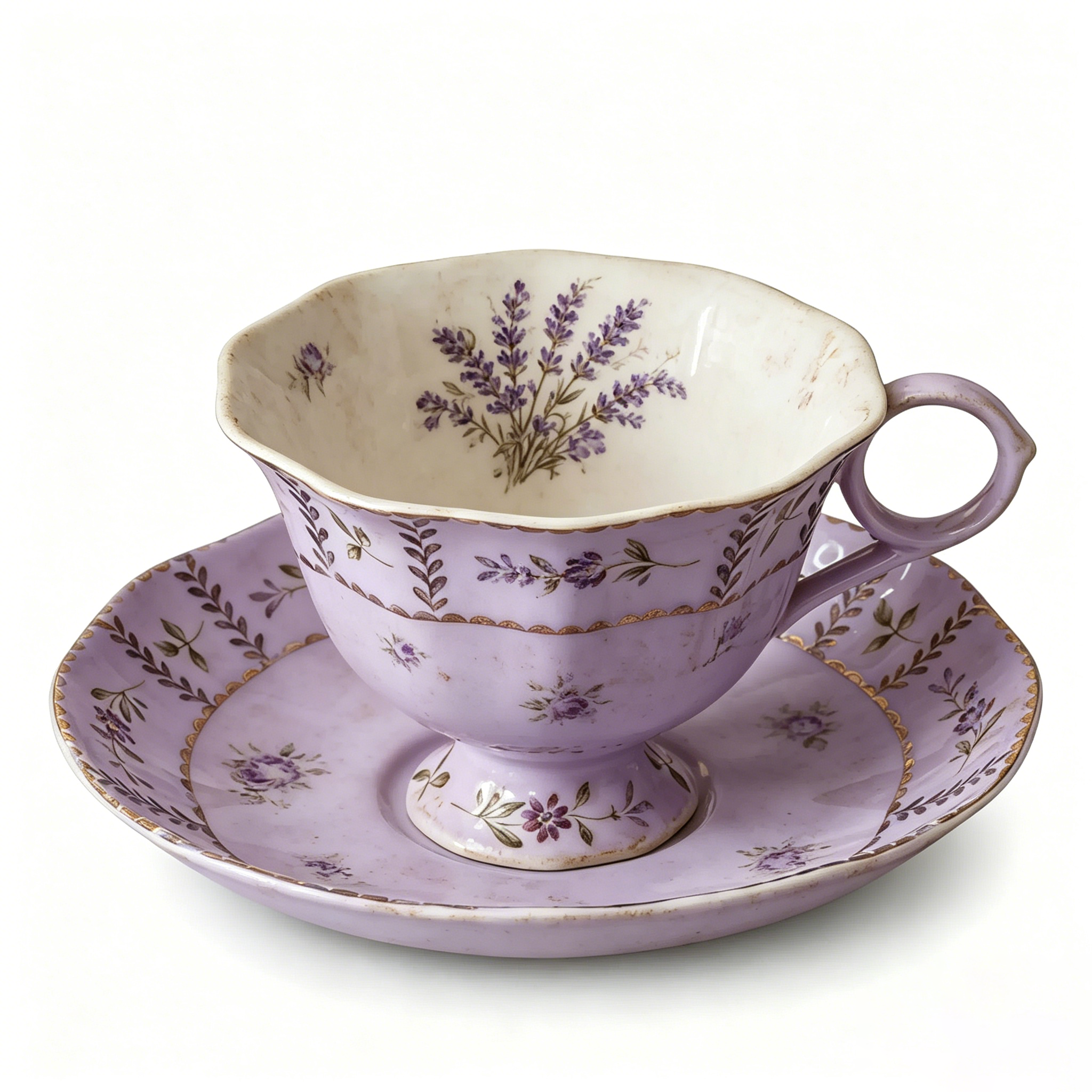 Vintage Antiqued Lavender Botanical Teacup and Saucer Set