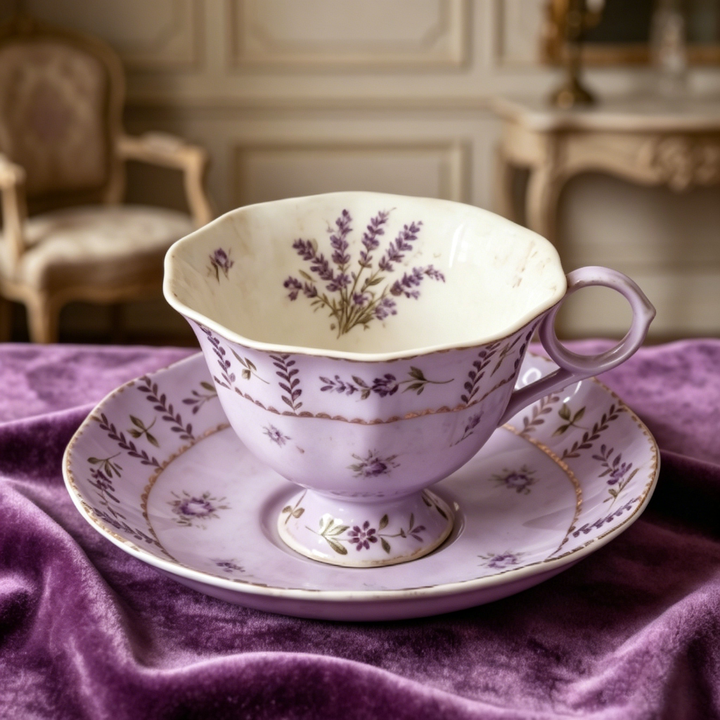 Vintage Antiqued Lavender Botanical Teacup and Saucer Set