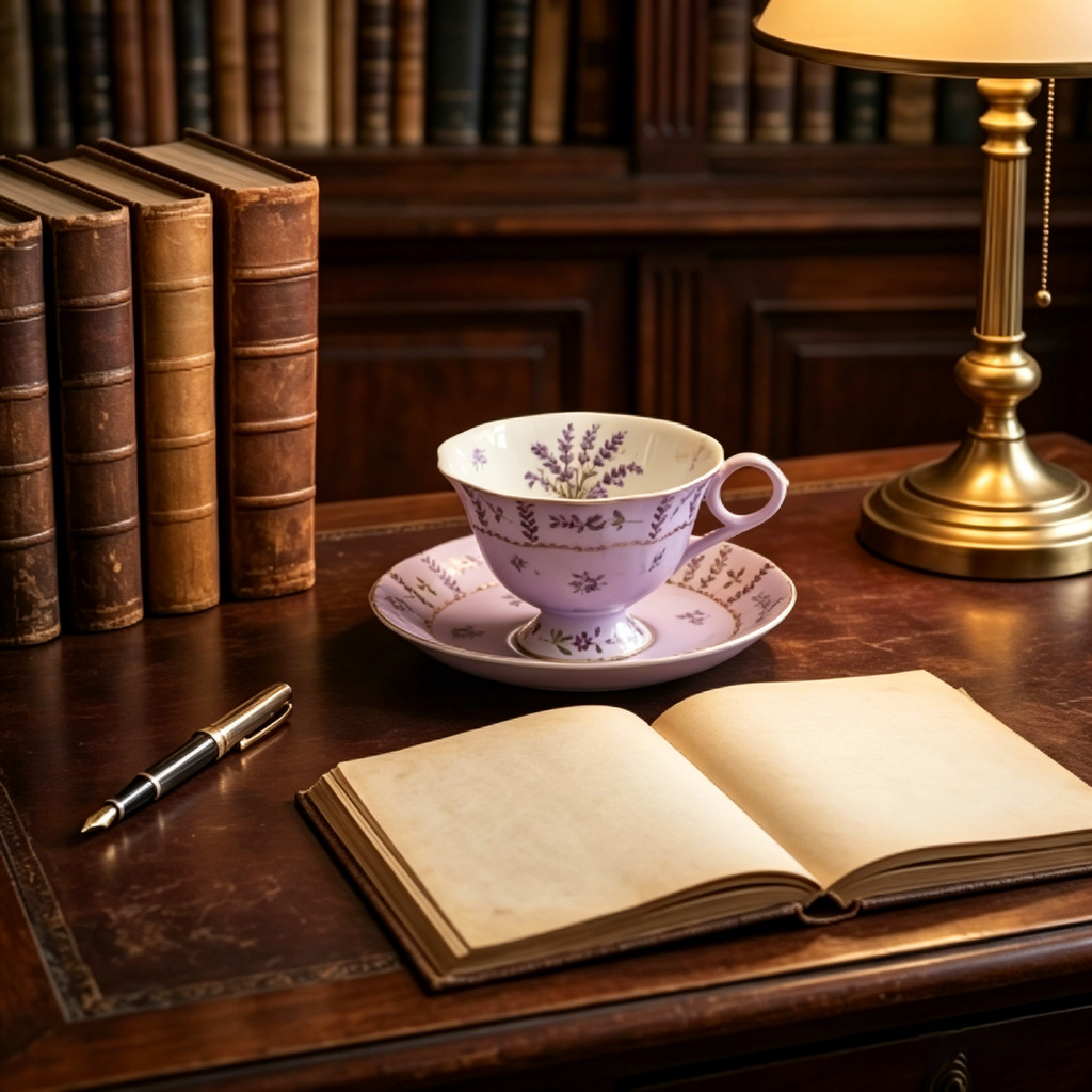 Vintage Antiqued Lavender Botanical Teacup and Saucer Set