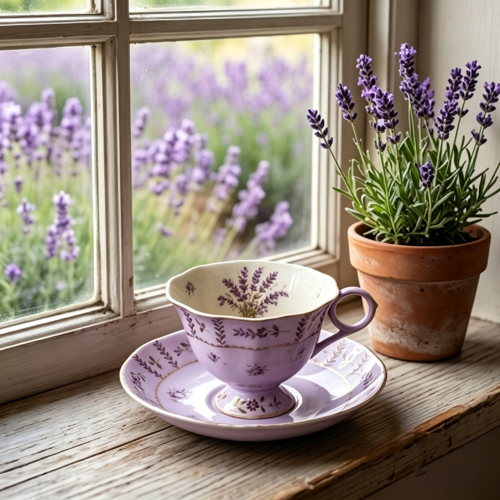 Vintage Antiqued Lavender Botanical Teacup and Saucer Set