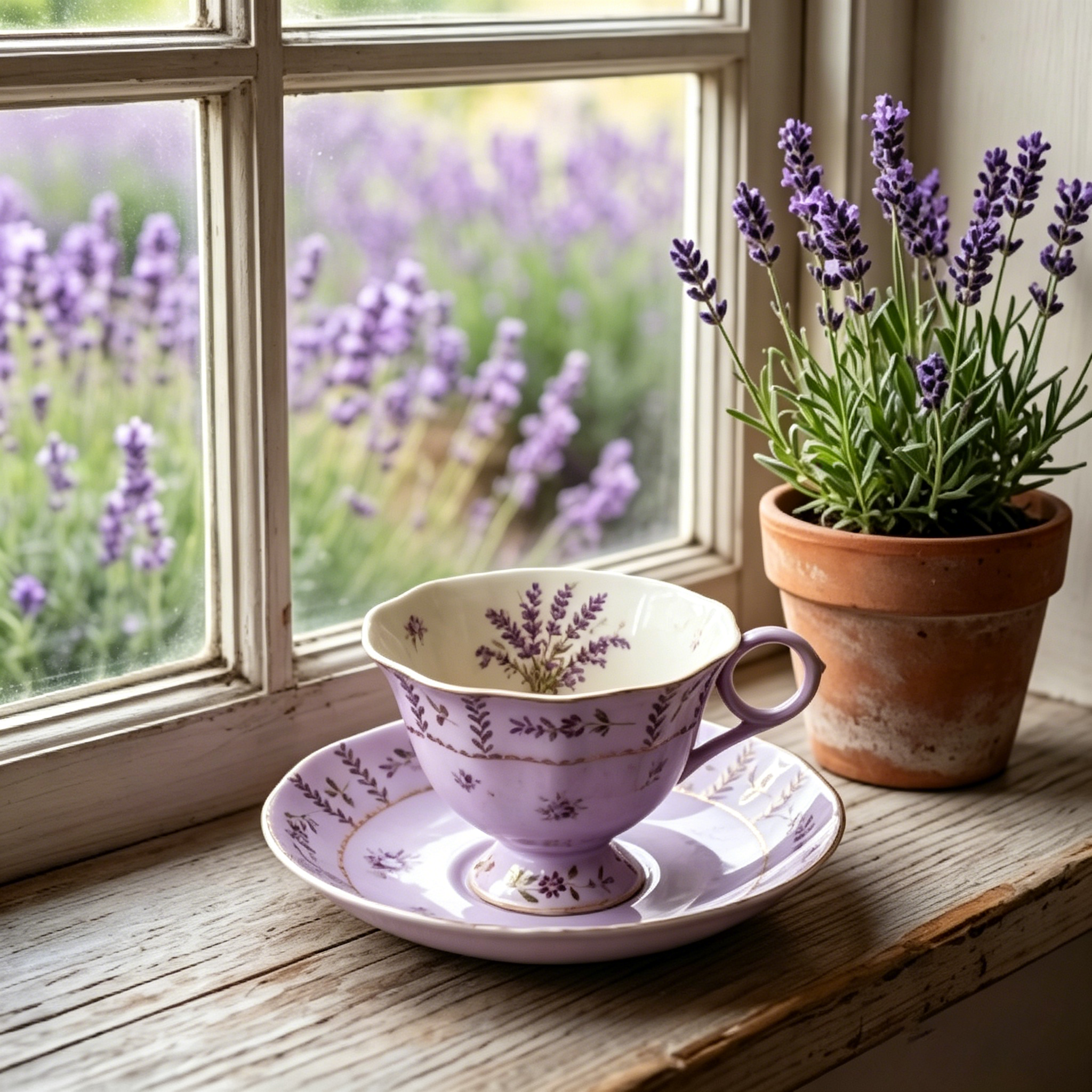 Vintage Antiqued Lavender Botanical Teacup and Saucer Set