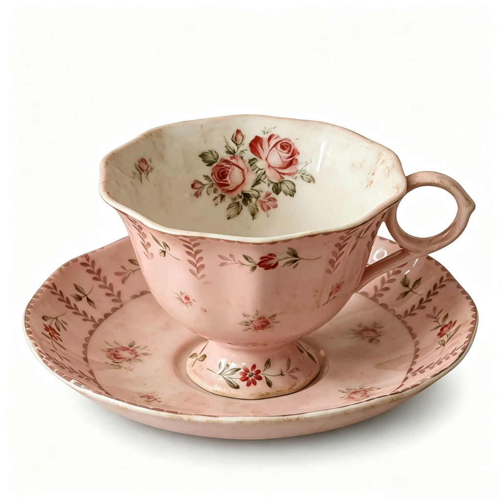 Vintage Antiqued Blush Pink Botanical Rose Teacup and Saucer Set