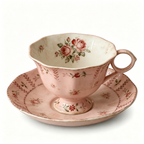 Vintage Antiqued Blush Pink Botanical Rose Teacup and Saucer Set