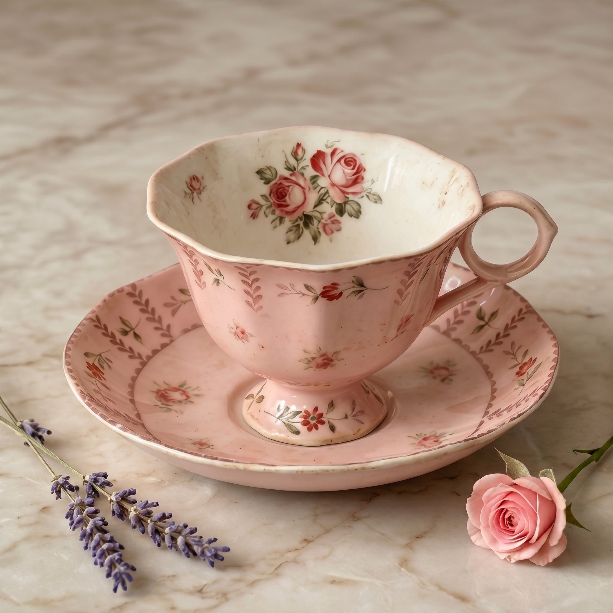 Vintage Antiqued Blush Pink Botanical Rose Teacup and Saucer Set