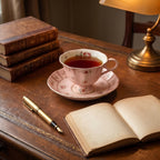 Vintage Antiqued Blush Pink Botanical Rose Teacup and Saucer Set