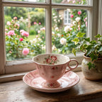 Vintage Antiqued Blush Pink Botanical Rose Teacup and Saucer Set
