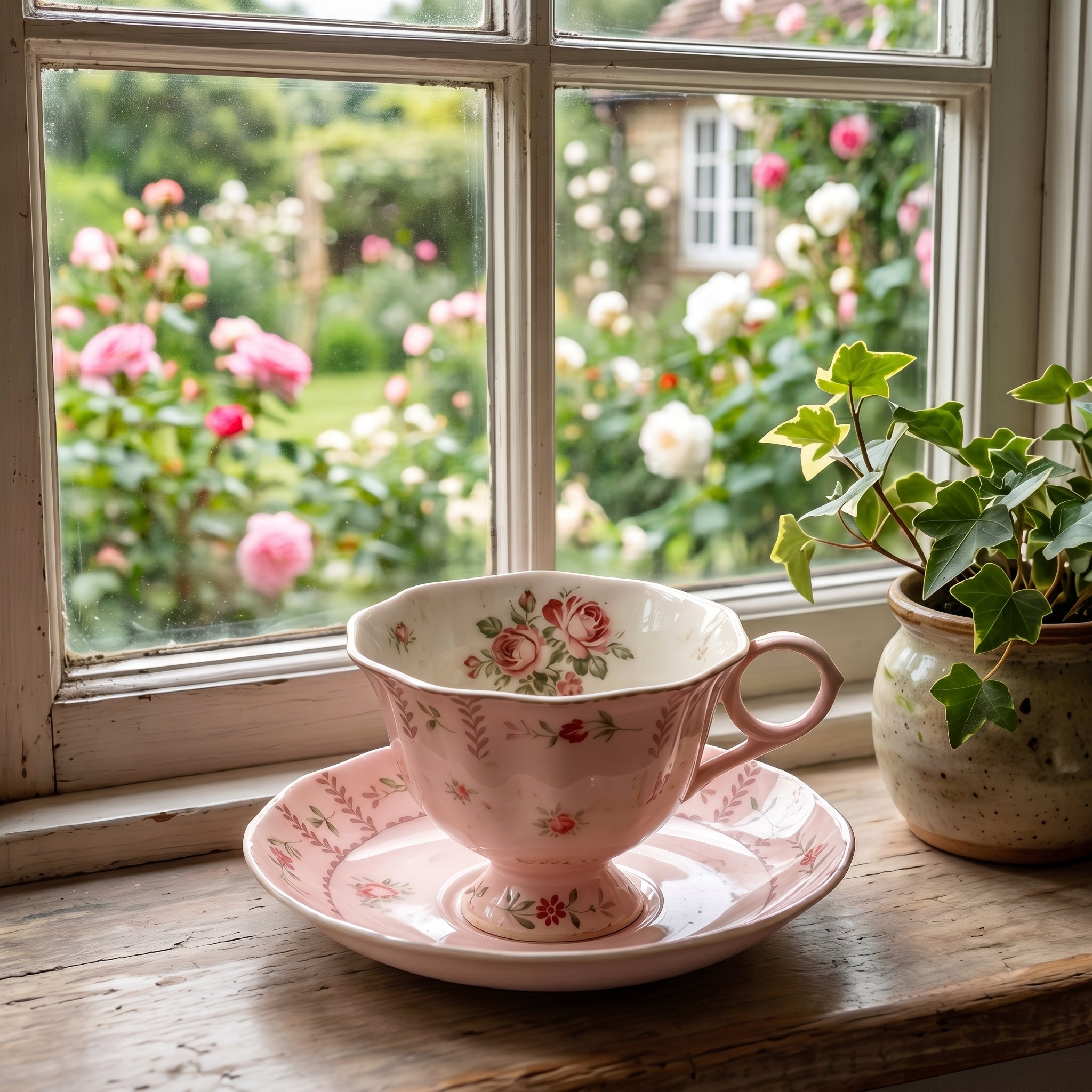 Vintage Antiqued Blush Pink Botanical Rose Teacup and Saucer Set