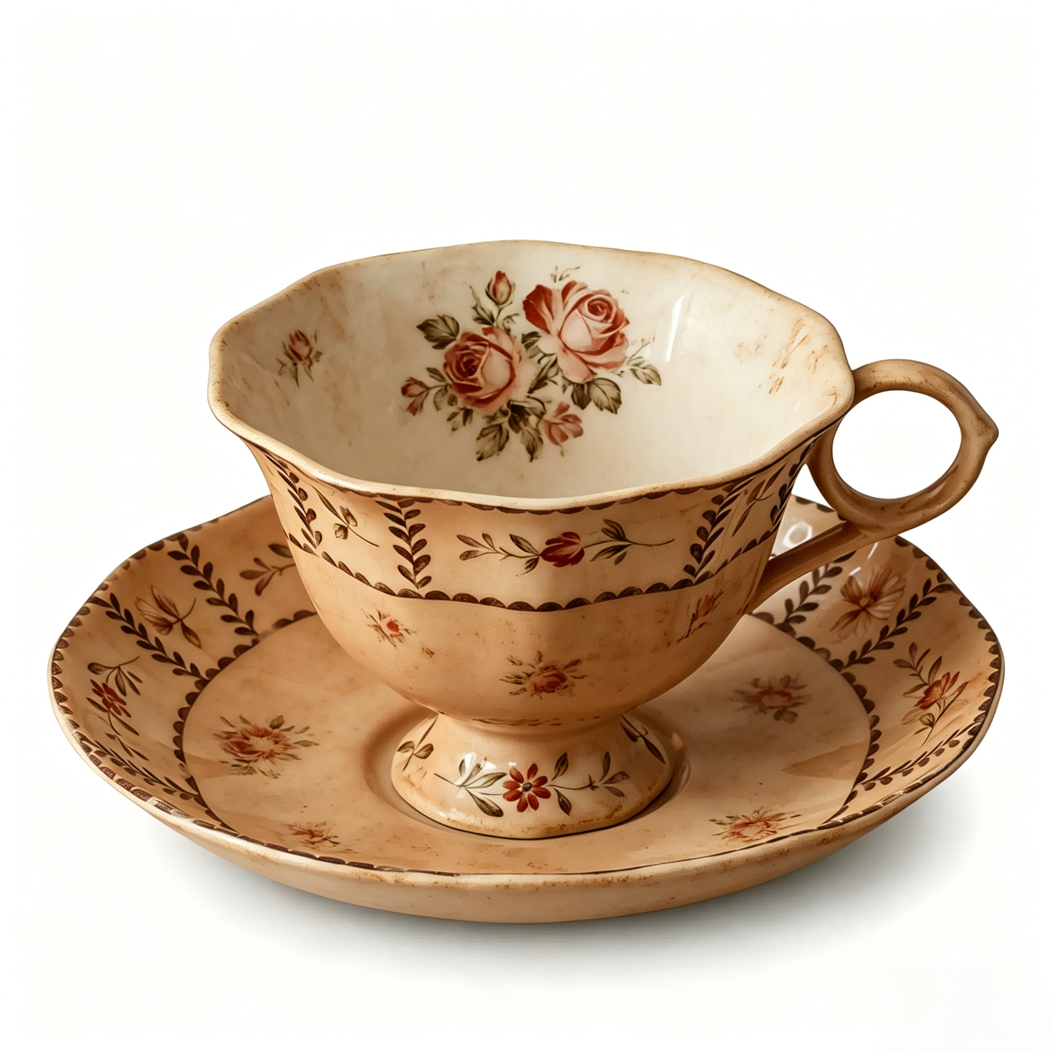 Vintage Antiqued Warm Beige Botanical Rose Teacup and Saucer Set