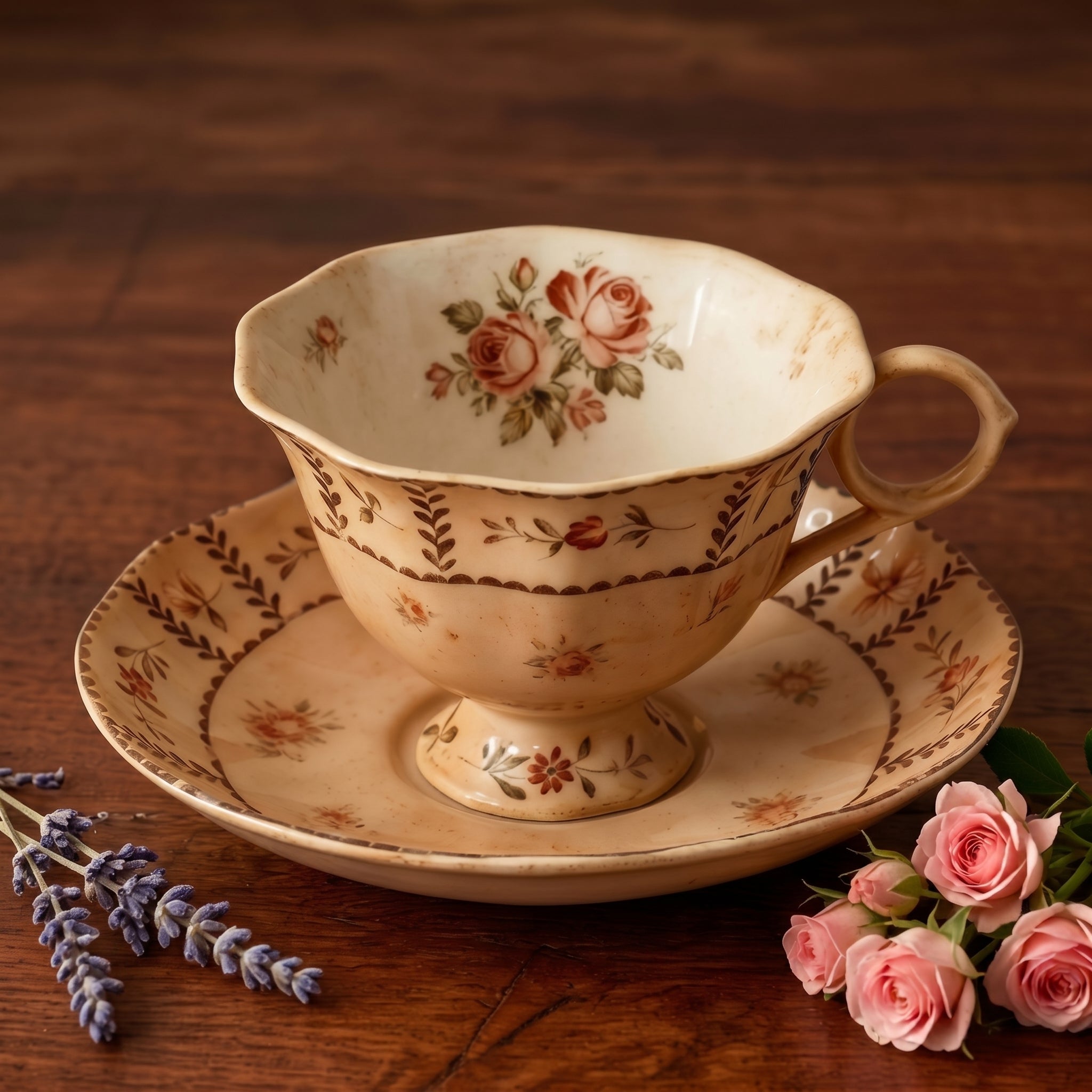 Vintage Antiqued Warm Beige Botanical Rose Teacup and Saucer Set