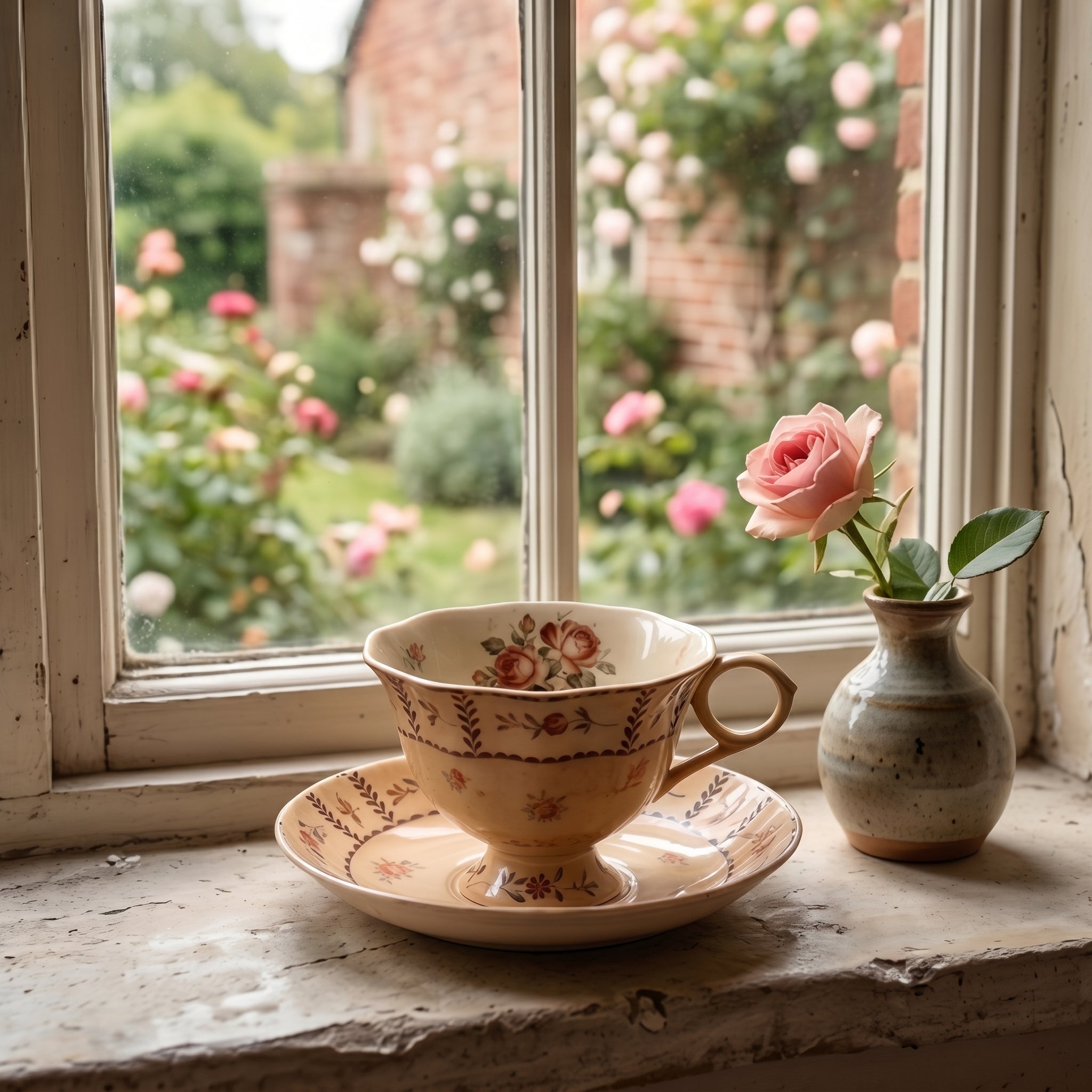 Vintage Antiqued Warm Beige Botanical Rose Teacup and Saucer Set