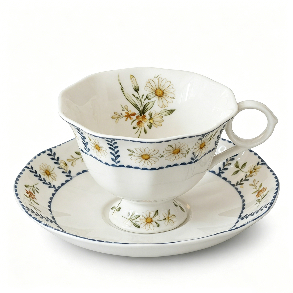 Vintage Botanical Daisy Fine China Teacup and Saucer Set