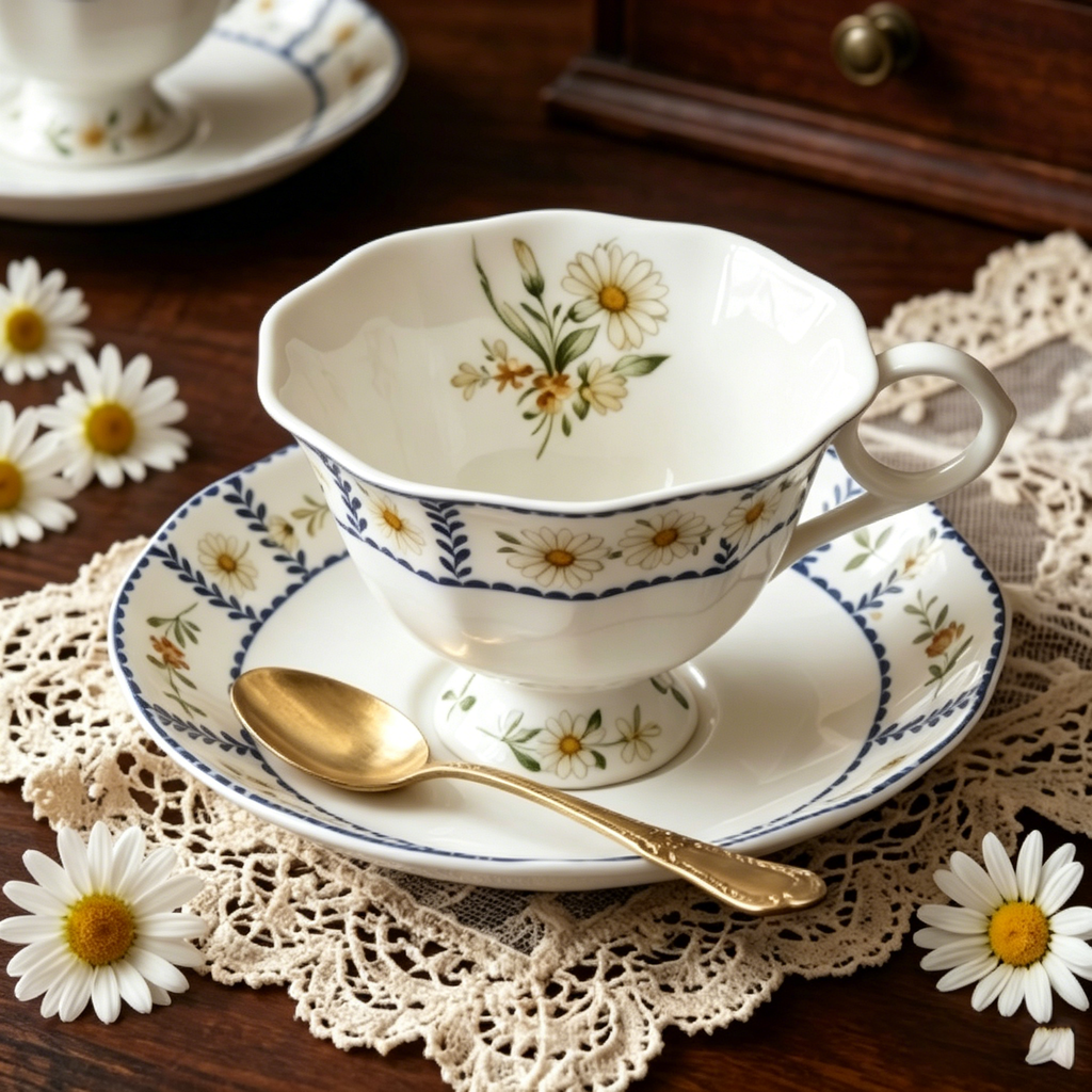 Vintage Botanical Daisy Fine China Teacup and Saucer Set