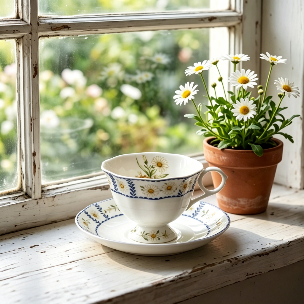 Vintage Botanical Daisy Fine China Teacup and Saucer Set