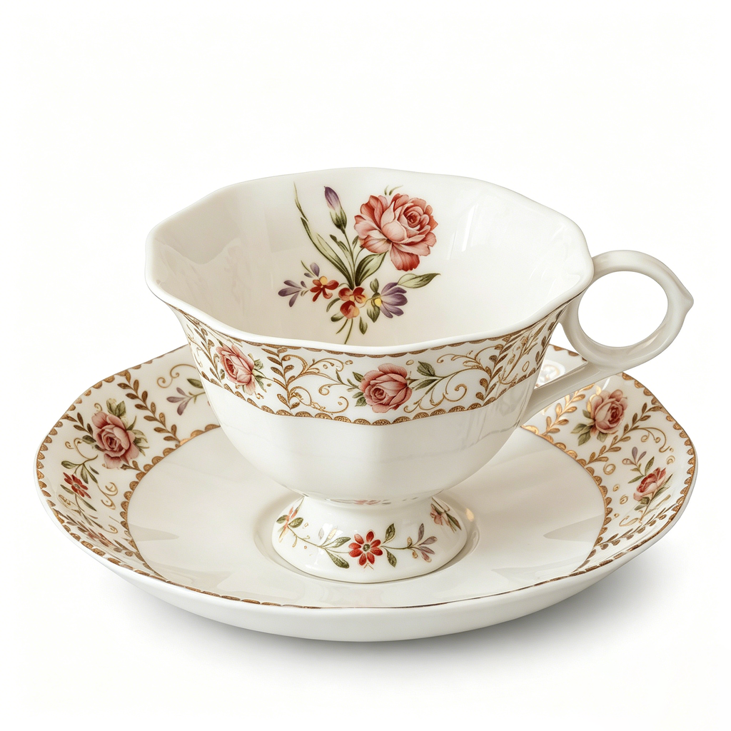 Vintage Botanical Rose Fine China Teacup and Saucer Set
