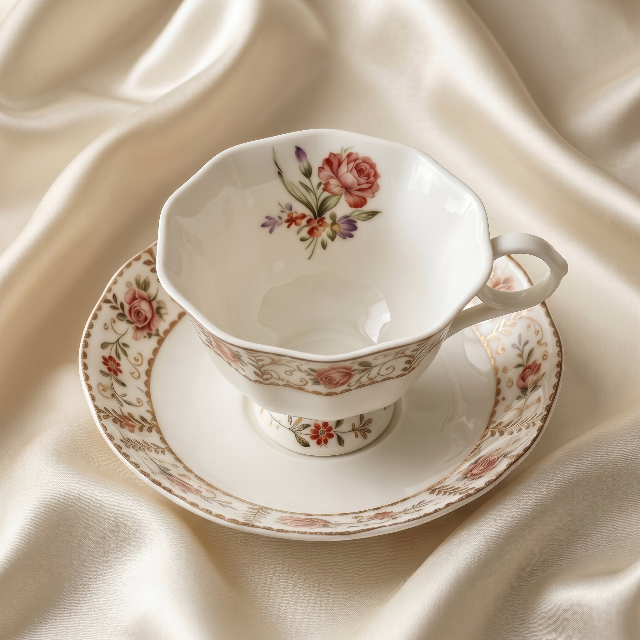 Vintage Botanical Rose Fine China Teacup and Saucer Set