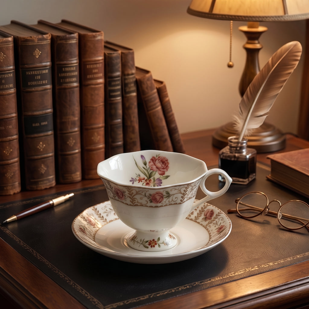 Vintage Botanical Rose Fine China Teacup and Saucer Set