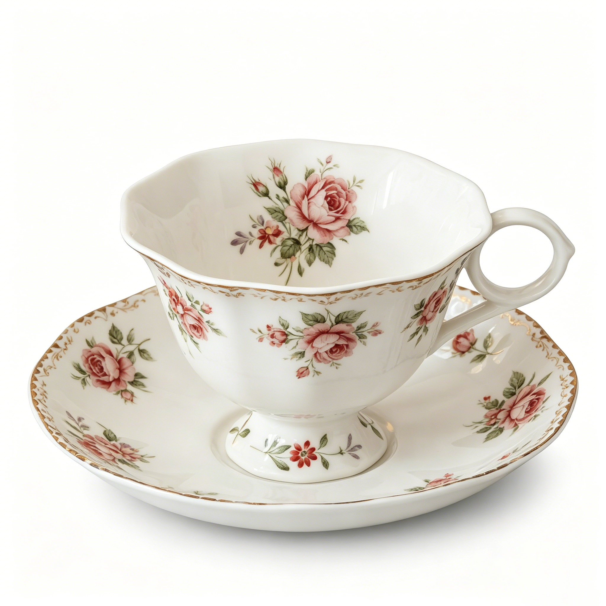 Vintage Botanical Pink Rose Fine China Teacup and Saucer Set