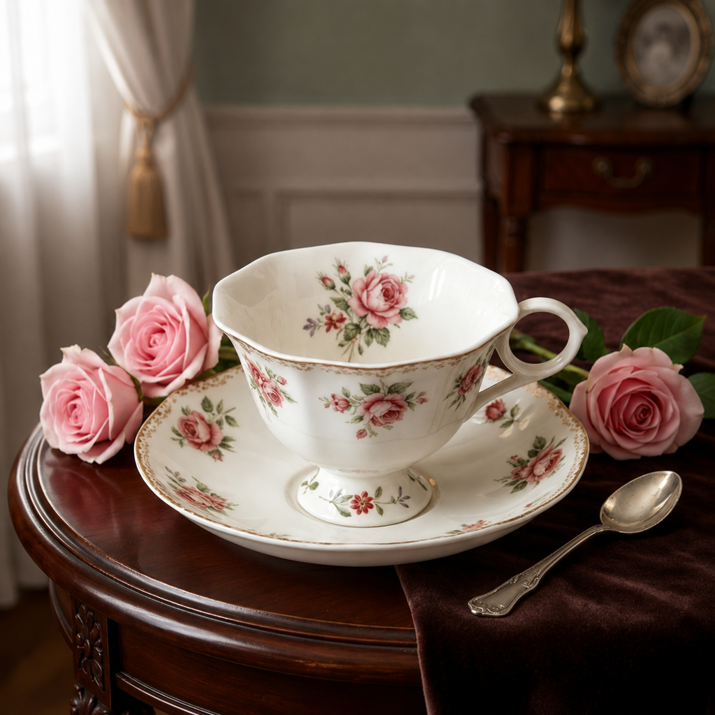 Vintage Botanical Pink Rose Fine China Teacup and Saucer Set