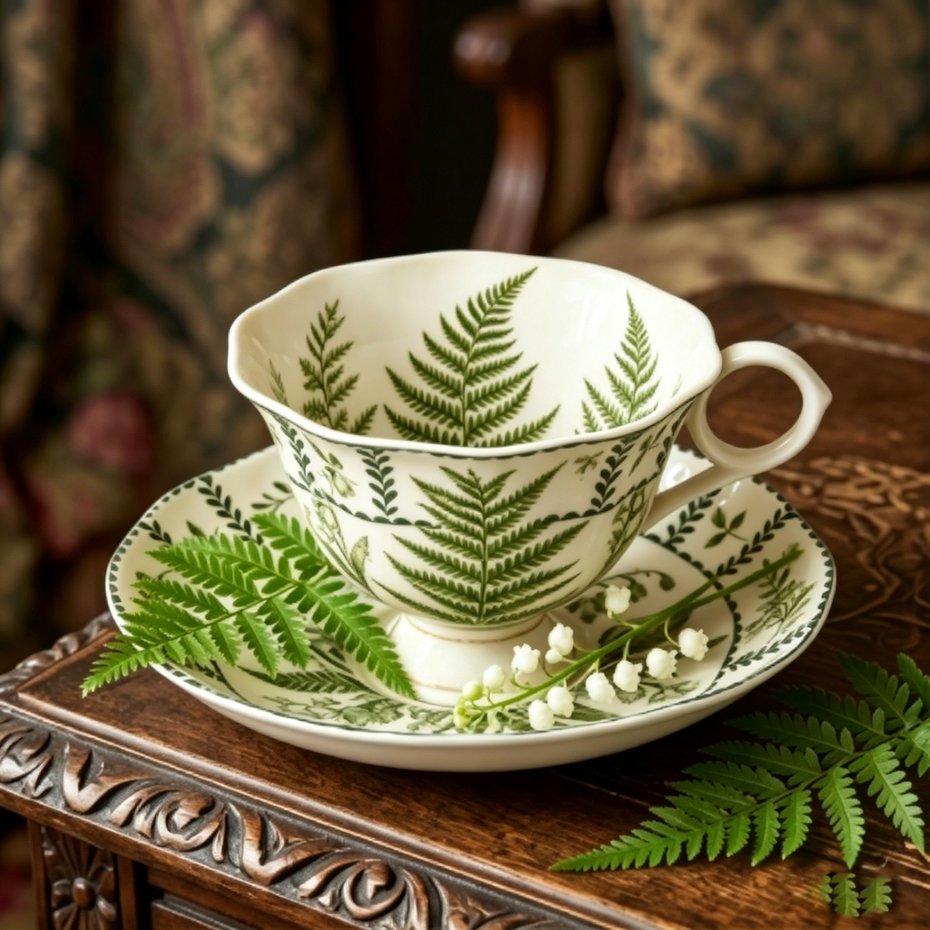 Vintage Botanical Woodland Fern Fine China Teacup and Saucer Set