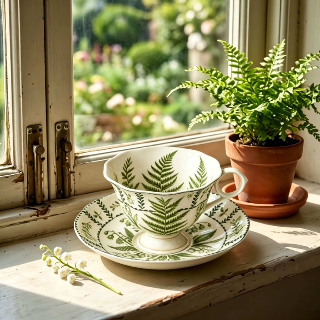 Vintage Botanical Woodland Fern Fine China Teacup and Saucer Set