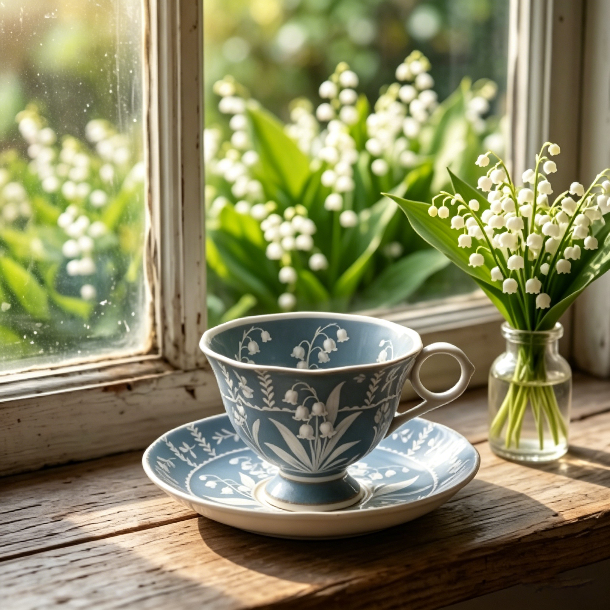 Vintage Blue and White Lily of the Valley Teacup and Saucer Set