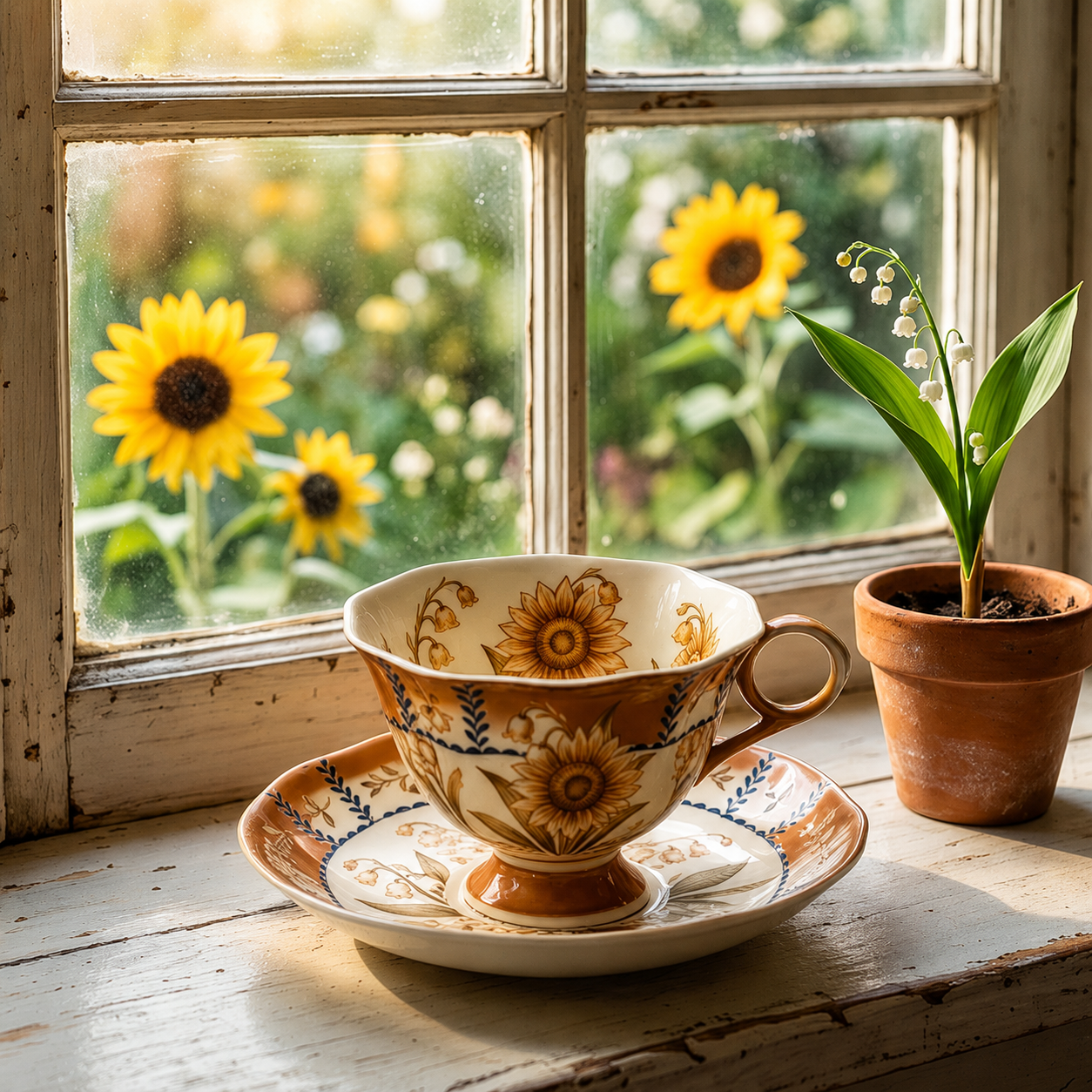 Vintage Botanical Sunflower and Lily of the Valley Teacup and Saucer Set